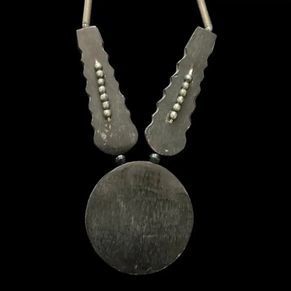 Vintage Black, Bronze & Silver Beaded Mixed Metal & Wood Disc Pendant Necklace
